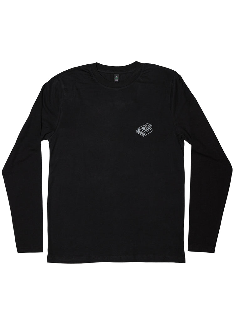 Telexgép mintás fekete hosszúujjú póló (uniszex)